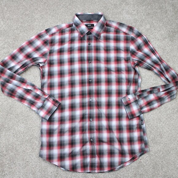 BOSS Hugo Boss Shirt Mens Medium Red/Black Ronni_2 Slim Fit Flip Cuff Cotton L/S - Picture 2 of 15
